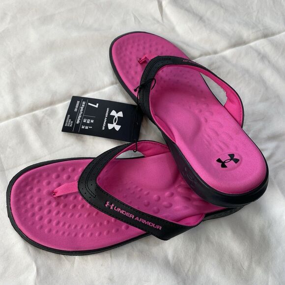 Under Armour sandals womens sz 7 pink/black flip flops New - Picture 1 of 10